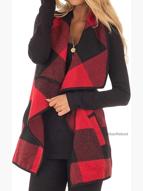 Jackets & Blazers - Women's Buffalo Plaid Sleeveless Open Front Vest Cardigan with Pockets